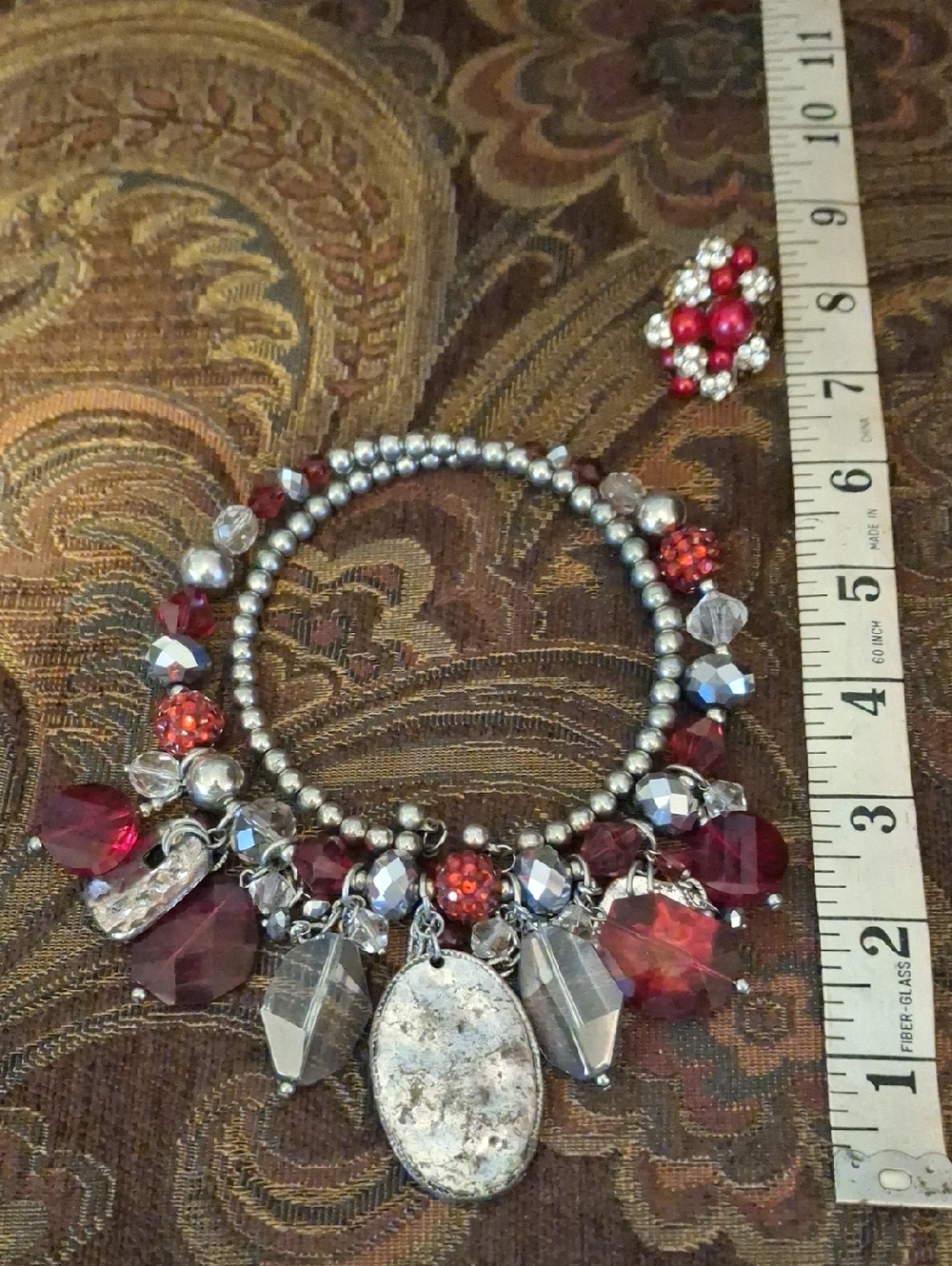 Tracy Lynn Red and Silver Beaded Charm Necklace With Matching Ring